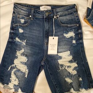 Women's Distressed Risen Blue Denim Shorts